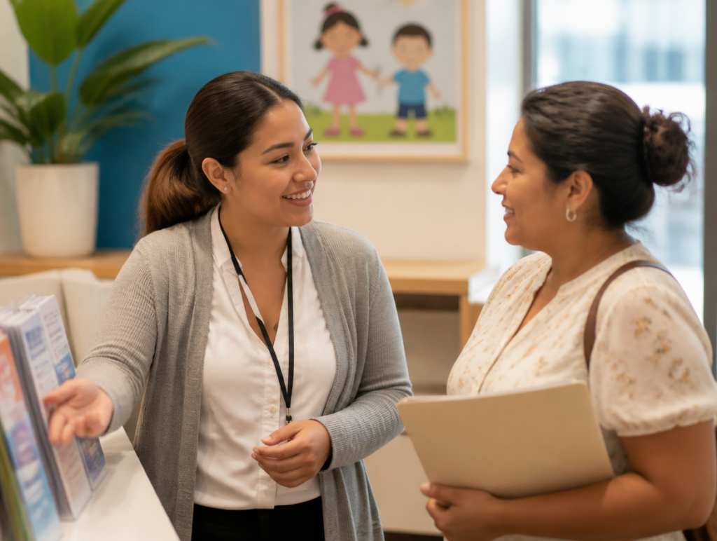 Healthcare enrollment coordinator helping a family understand PPEC Medicaid coverage at Little Giants PPEC Tampa