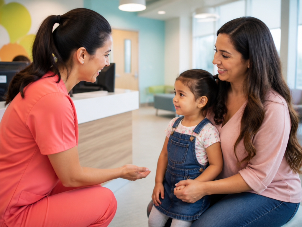 A pediatric nurse warmly welcoming a parent and child at Little Giants PPEC in Tampa