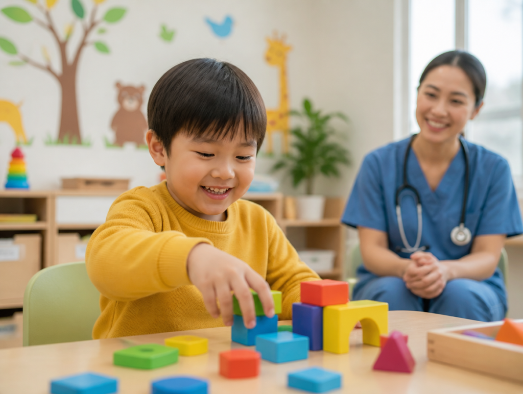 A young child engaged in structured learning activities at Little Giants PPEC in Tampa with a nurse supervising