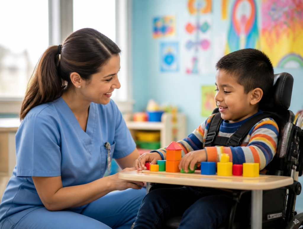 Skilled nurse providing one-on-one airway care to a child at a Tampa PPEC center