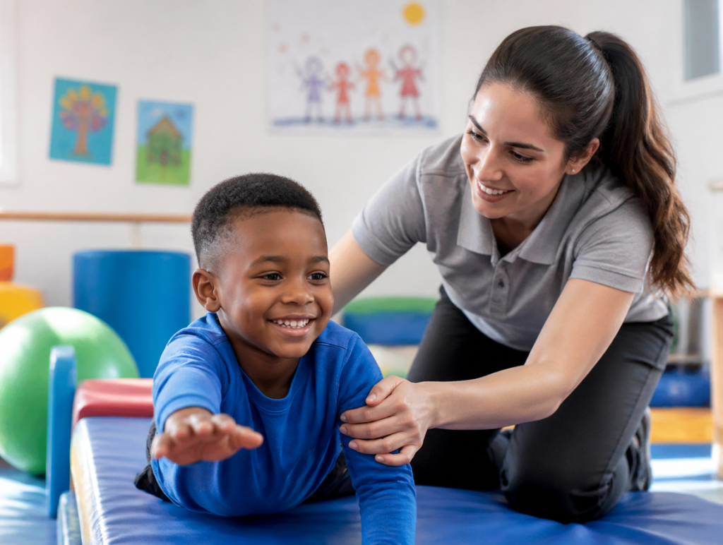 Child working with a speech therapist on oral feeding goals at Little Giants PPEC in Tampa